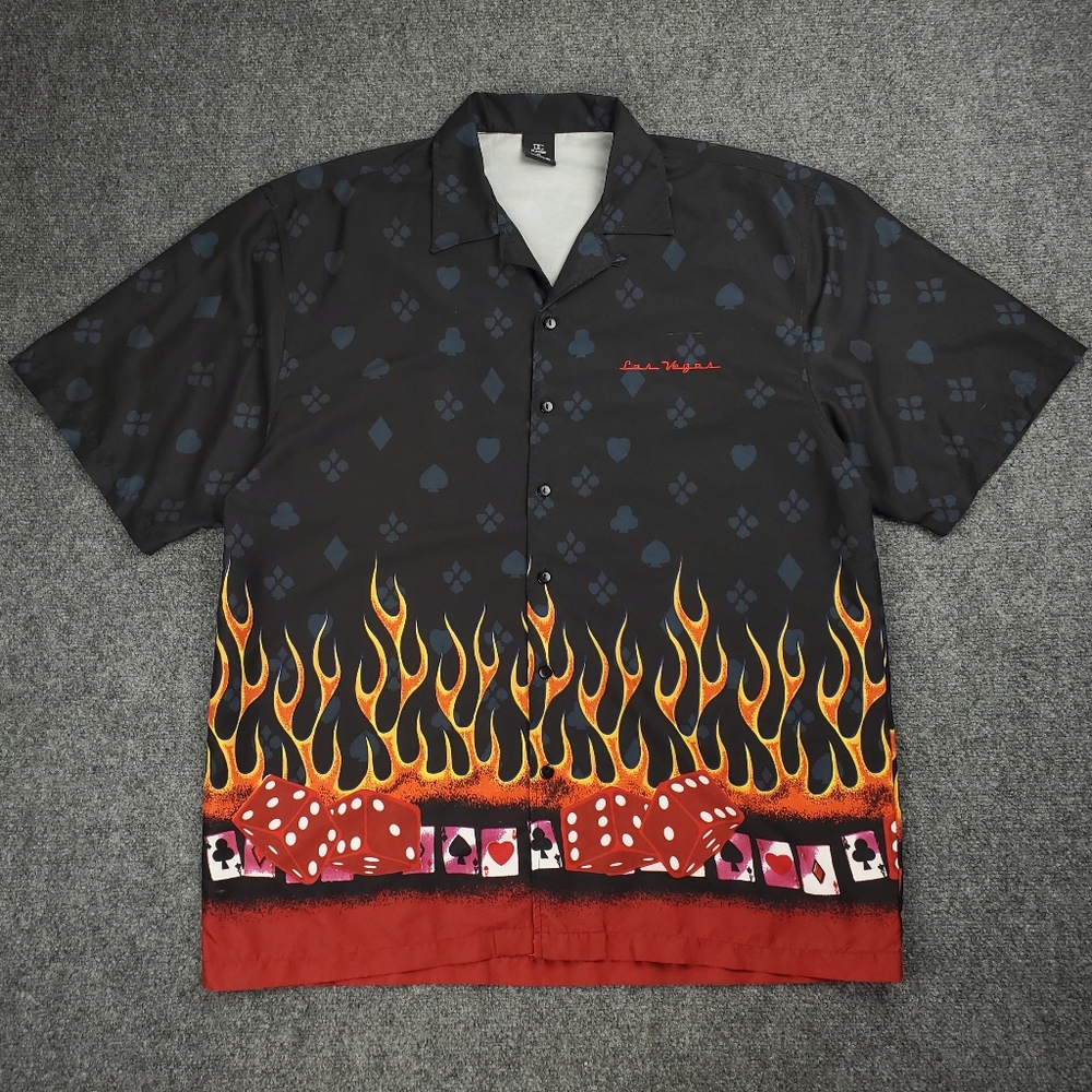 Vintage Y2K DC Classic Camp Shirt XL Las Vegas Casino Cards Flames Dice All Over